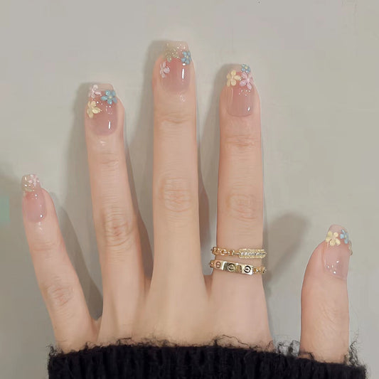 Blossom Bliss Elegant Medium Square Shape Translucent Pink with Charming Floral Accents Press On Nail Set