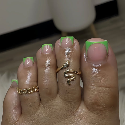 Tropical Vibes Short Square Shaped Green French Tip Press On toenail Set with Glossy Finish