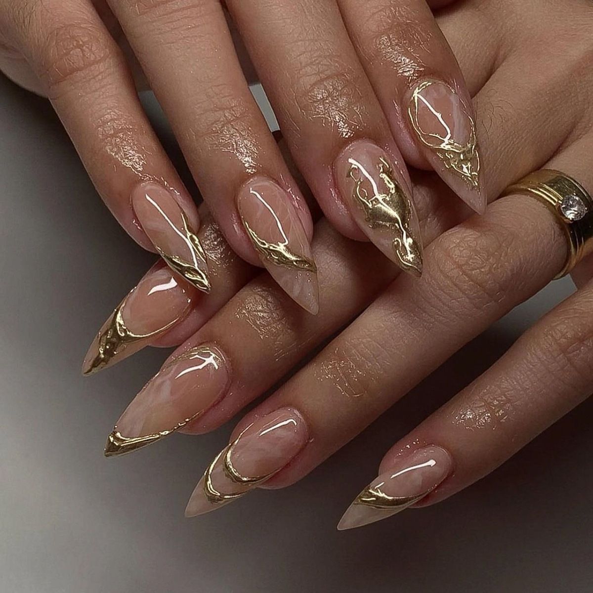 Gilded Elegance Long Almond Beige Press On Nails with Striking Gold Accents