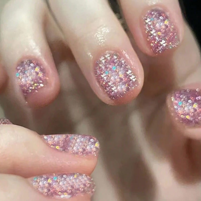 Enchanted Glitter Sparkle Short Length Oval Pink Press On Nail Set with Iridescent Sequins