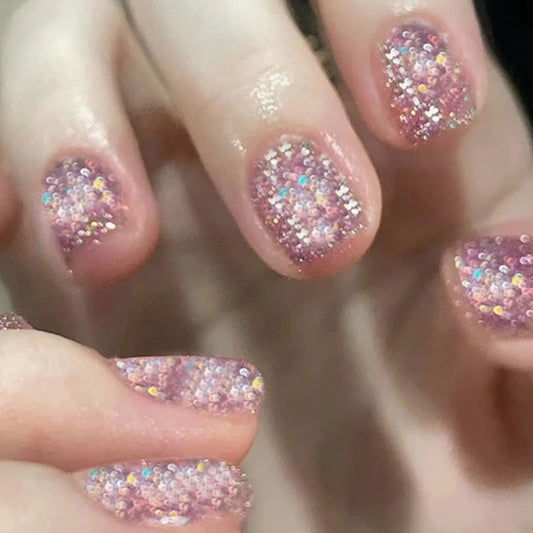 Enchanted Glitter Sparkle Short Length Oval Pink Press On Nail Set with Iridescent Sequins