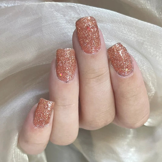 Starry Champagne Gala Medium Round Rose Gold Glitter Press On Nail Set