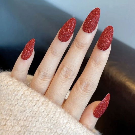 Glitzy Glamour Long Almond Ruby Red Glitter Finish Press On Nail Set