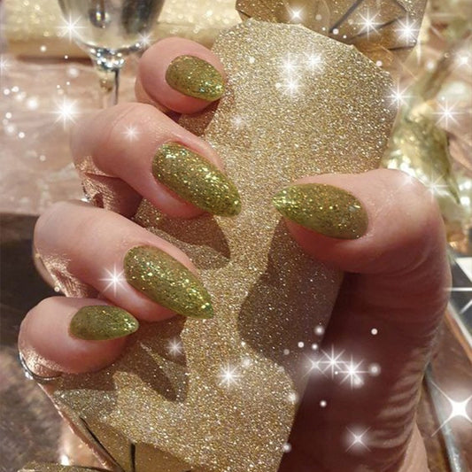 Enchanted Evening Extra-Long Stiletto Olive Green Glitter Press On Nail Set With Sparkling Accents