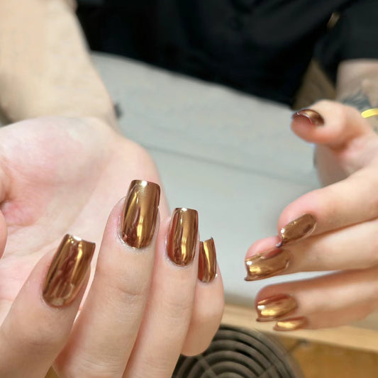 Autumn Elegance Long Square Glossy Bronze Press On Nails with Reflective Metallic Finish
