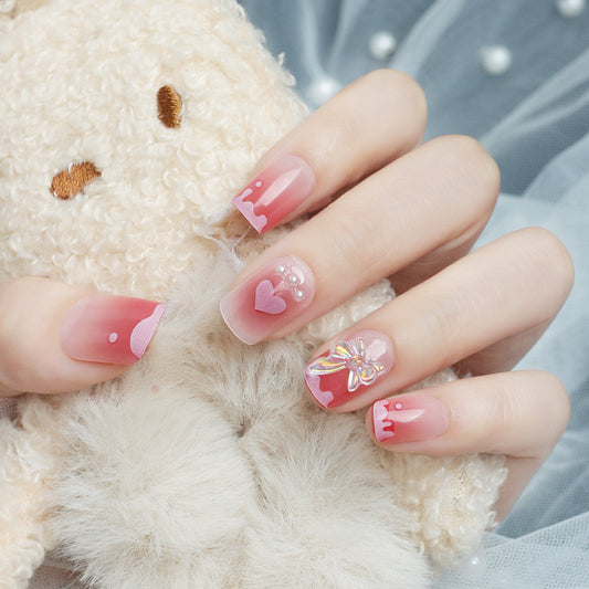 Sweetheart Dreams Medium Square Pink Press On Nail Set with Heart and Butterfly Design