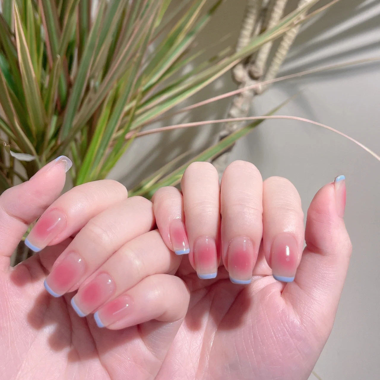 Cherry Blossom Dream Long Square Pastel Pink and Blue Ombre Press On Nail Set