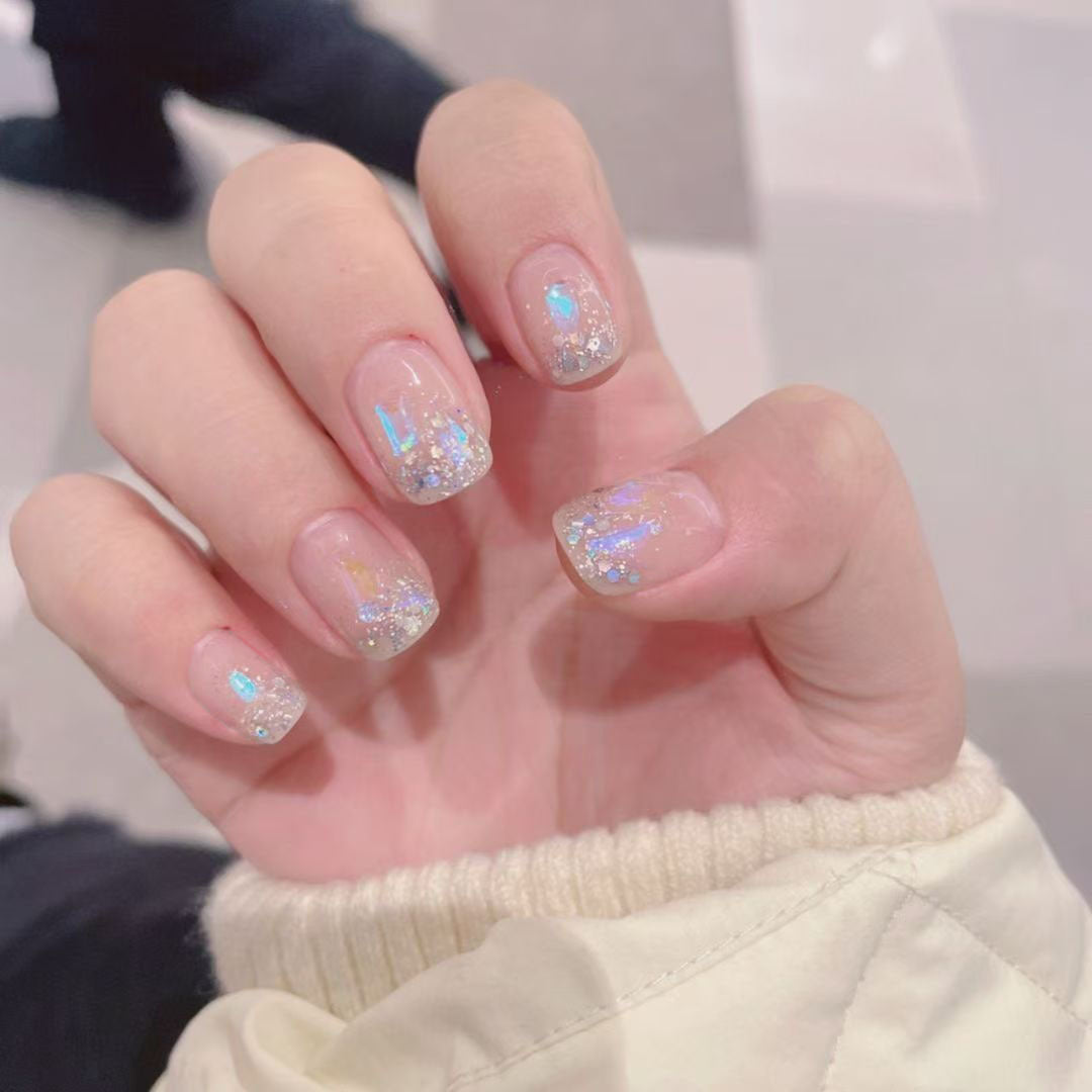 Enchanting Glitter Dream Medium Square Clear Colorful Press On Nail Set with Iridescent Sparkles