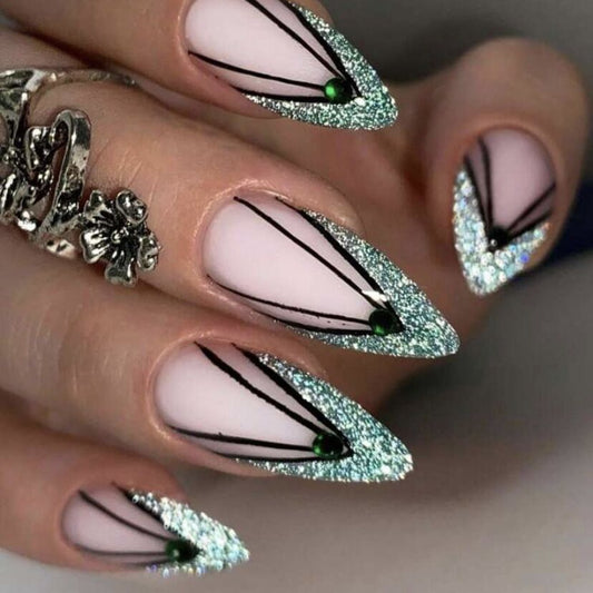 Glittering Geometric Extra Long Stiletto Beige with Black Line Art and Glitter Accents Press On Nail Set