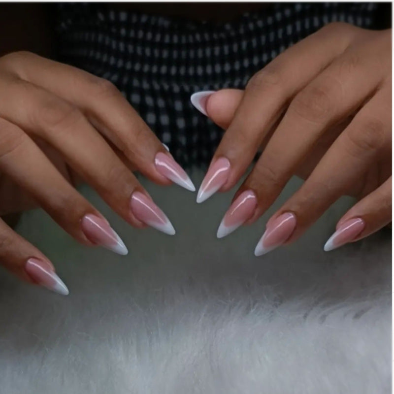 Enchanting Elegance Long Almond Gradient Pink and White Nails with Glossy Finish