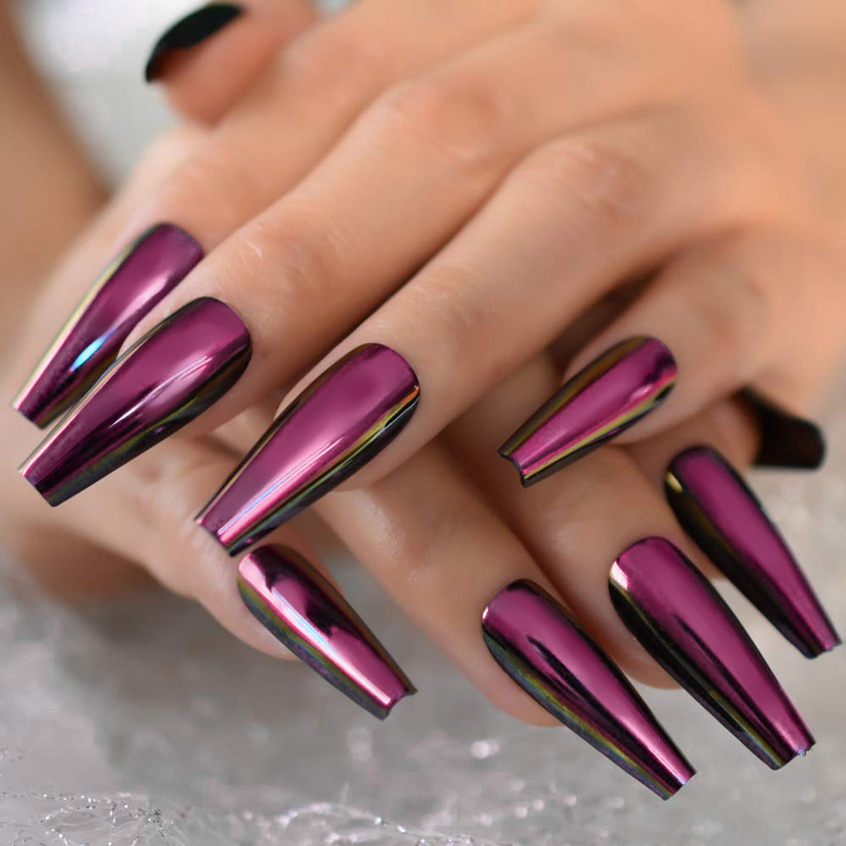 Futuristic Shine Extra Long Coffin Metallic Purple Chrome Press On Nail Set