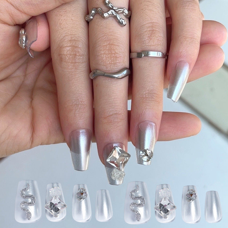 Elegant Serpent Theme Long Coffin Silver Press On Nail Set with Unique Crystal Accents