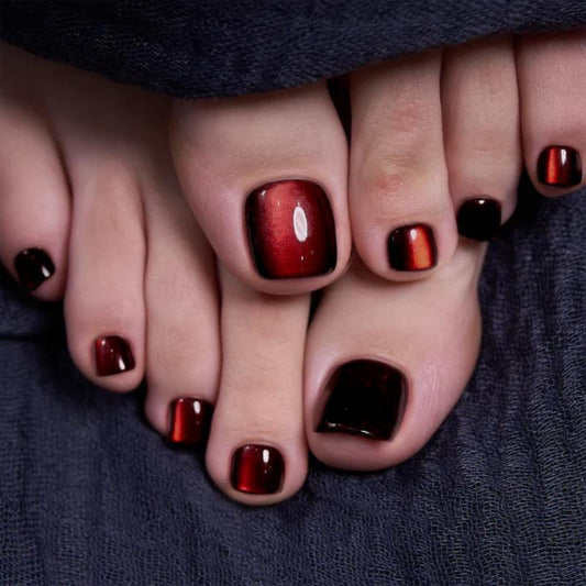 Gothic Glamour Short Square Dark Red Ombre Press On Toenail Set