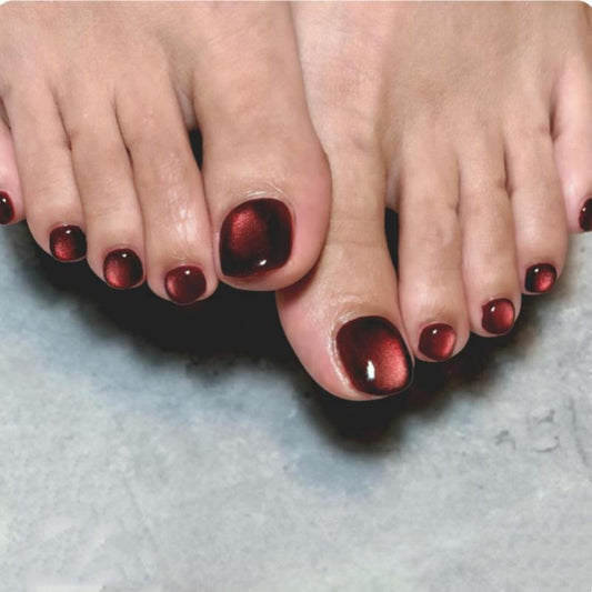 Glamorous Burgundy Short Square Press On Toenail Set with Shimmer Finish