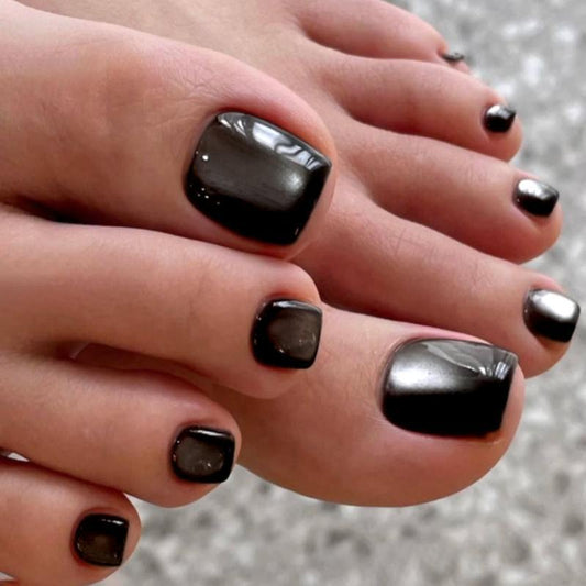 Gothic Glamour Short Square Black Shimmer Press On Toenail Set
