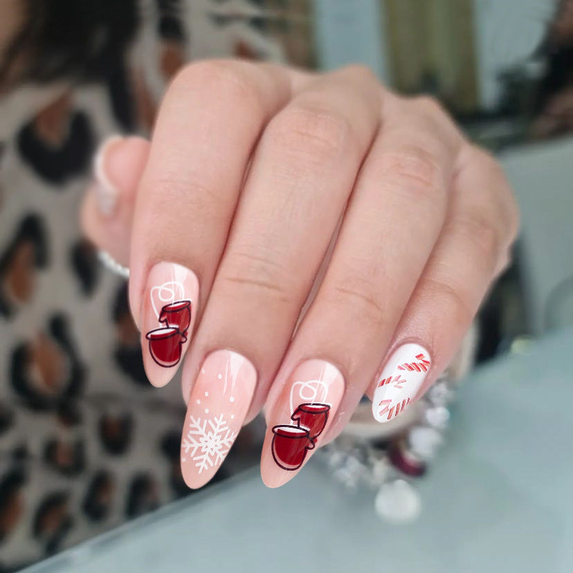 Cozy Winter Wonderland Long Almond Red and Neutral Press On Nail Set with Festive Cup and Candy Cane Designs