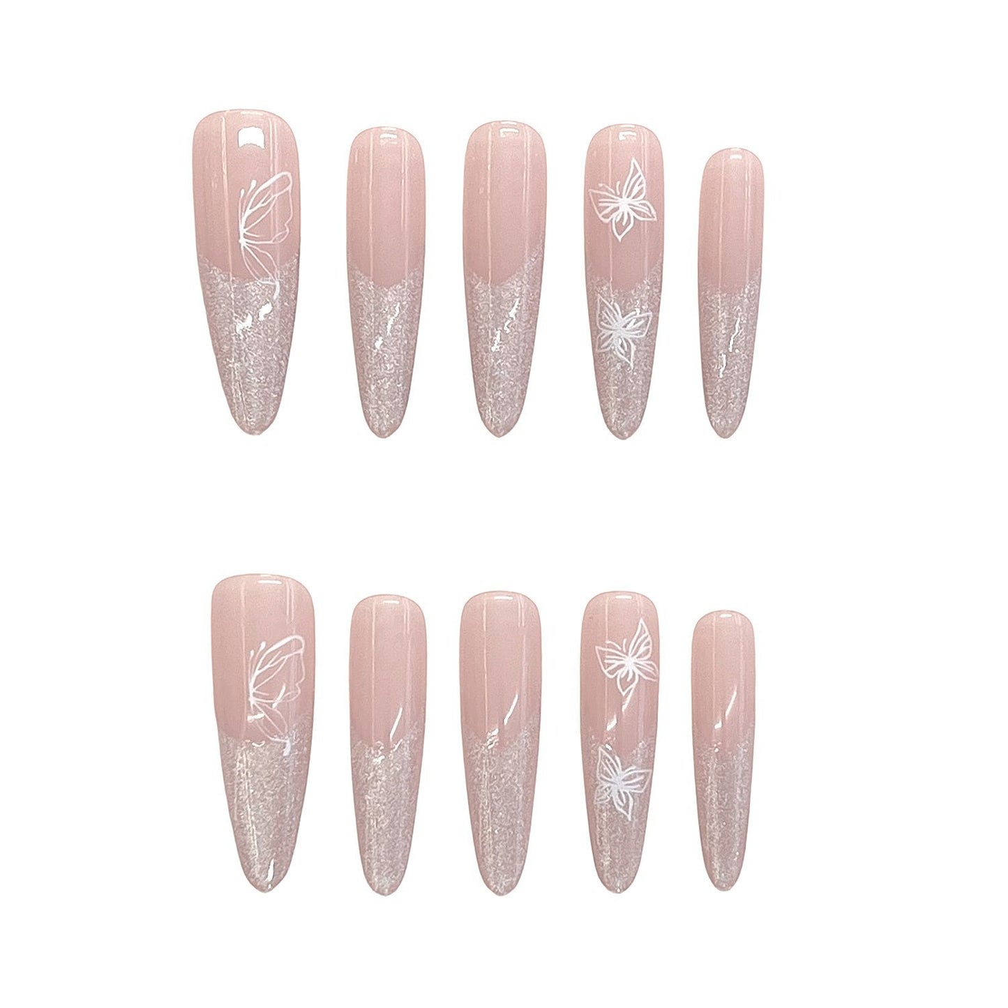 Butterfly Garden Elegant Long Almond Pink Glitter Ombre Nails with Floral Design
