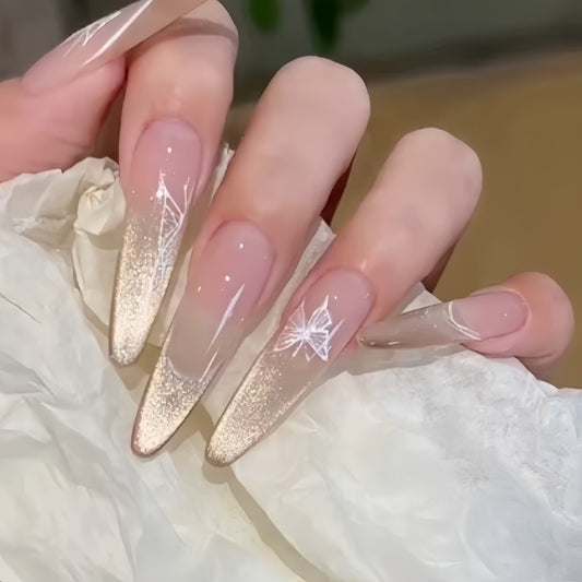 Elegant Butterfly Dream Ombre Long Stiletto Beige and Gold Press On Nail Set with Floral Accent