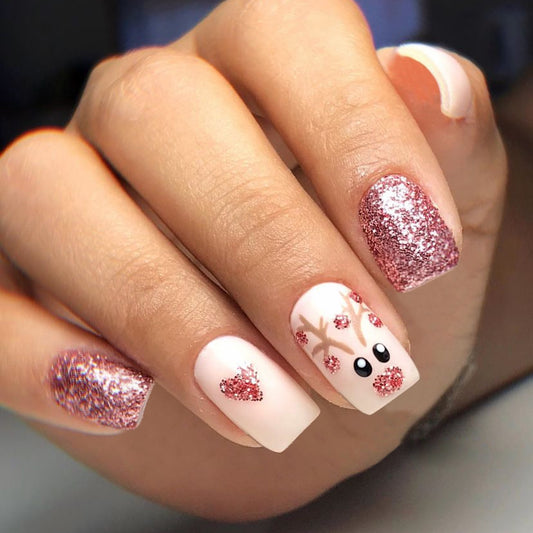 Festive Glamour Medium Square Pink and White Press On Nail Set with Glitter and Reindeer Nail Art