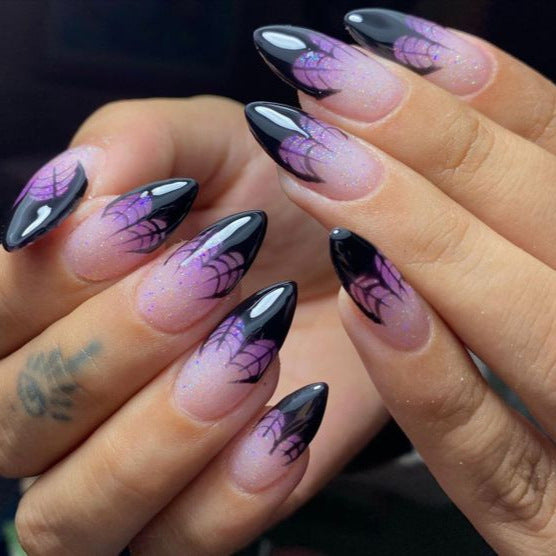 Spooktacular Long Almond Black and Purple Gradient Press On Nails with Glitter Spiderweb Design
