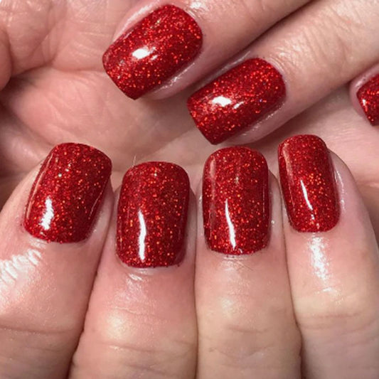 Glamorous Holiday Sparkle Medium Square Red Glitter Press On Nail Set
