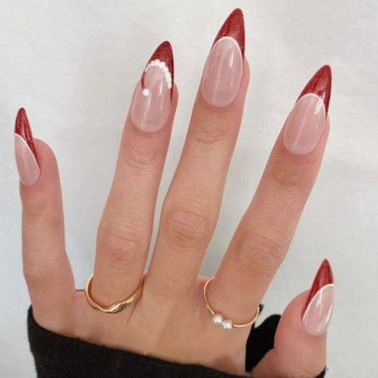 Glamorous Red Sparkle Stiletto Press On Nail Set Long Pointed Realistic Design with Pearl Accent