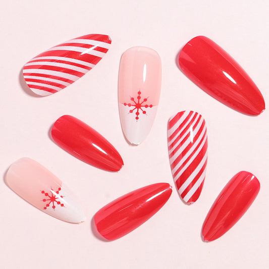 Festive Winter Wonderland Long Almond Red and Pink Glossy Nails with Snowflake and Striped Designs
