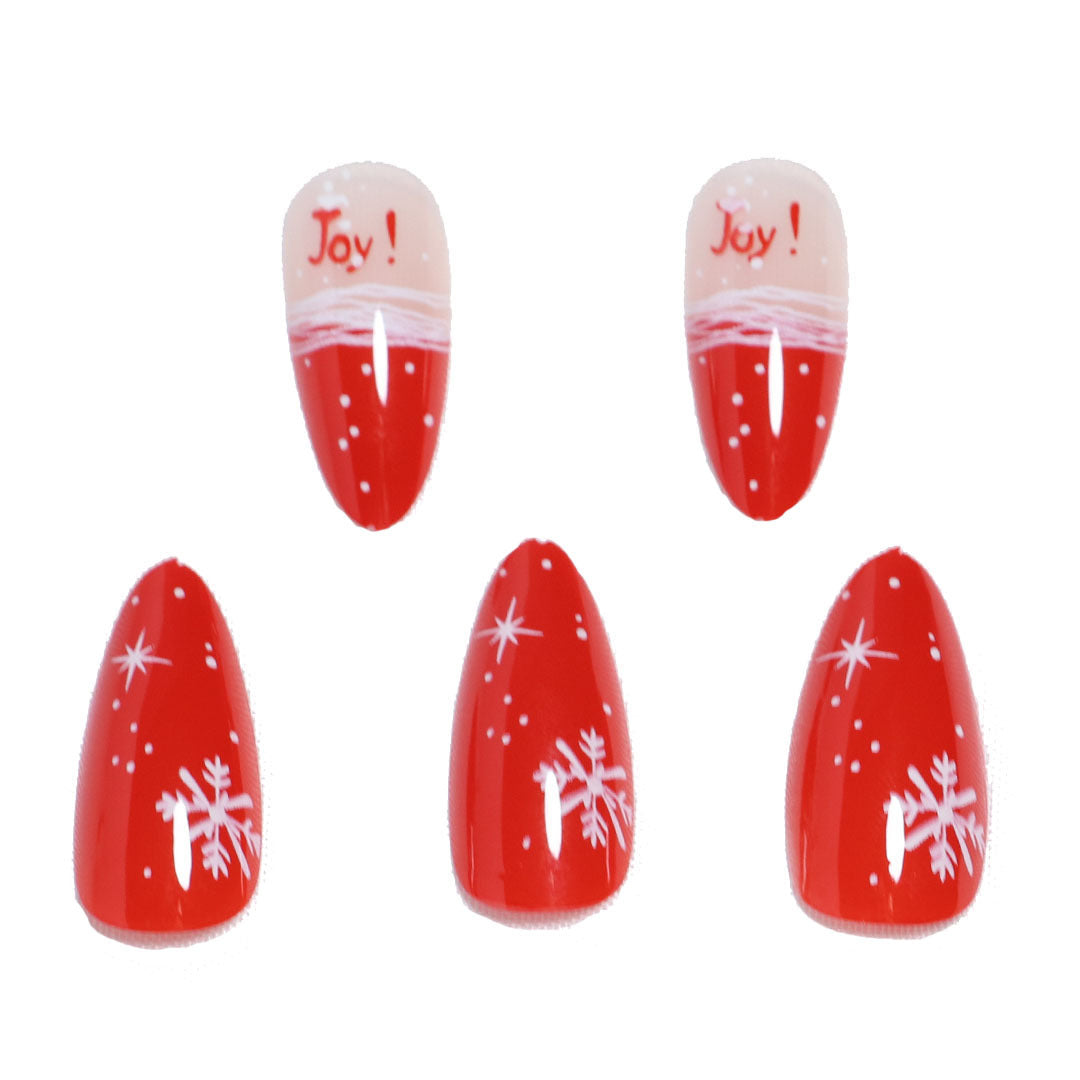 Festive Cheer Medium Almond Red Press-On Nail Set with Snowflake and Joy Detailing
