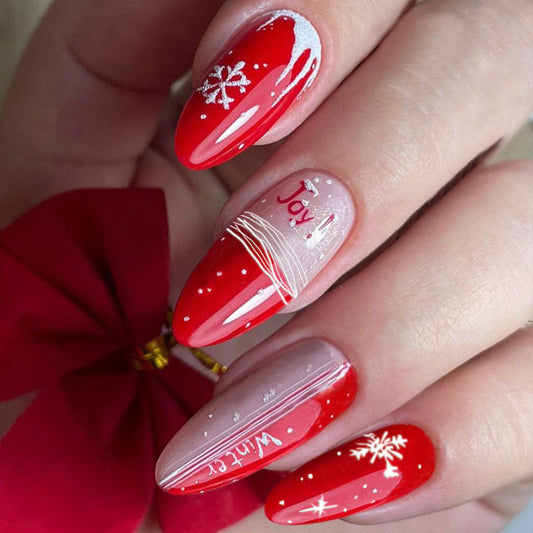 Winter Wonderland Long Almond Red Nail Set with Snowflake and Joy Designs