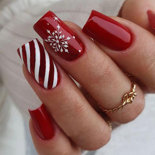 Festive Winter Wonderland Extra Long Square Red and White Press On Nail Set with Snowflake and Candy Cane Design
