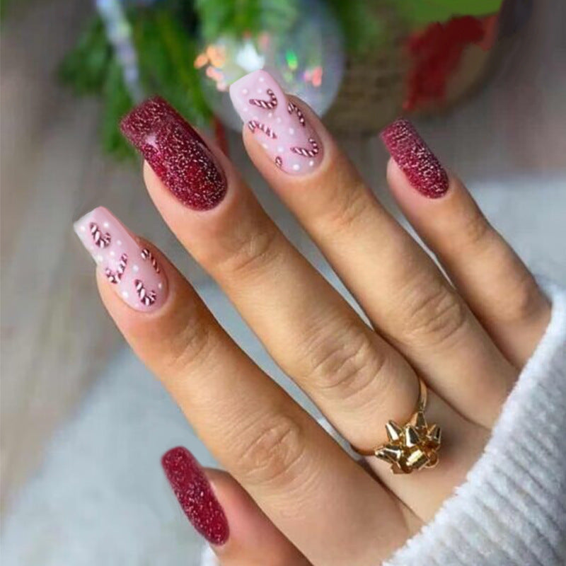 Candy Cane Delight Long Square Red Glitter and Soft Pink Press On Nail Set with Festive Sweet Details