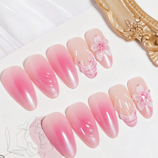 Blossom Fantasy Long Almond Pink Gradient Press-On Nail Set with Floral Art