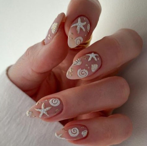 Ocean Dream Short Almond Pink Press On Nail Set with Elegant Shell and Starfish Designs