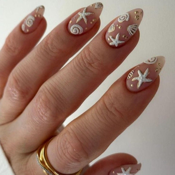 Ocean Breeze Short Almond Shaped Pink Press On Nail Set with Intricate Shell and Starfish Designs