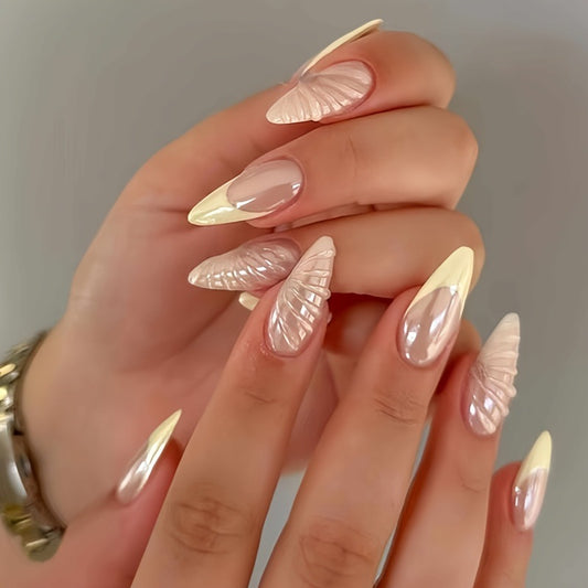 Ocean Breeze Dreamy Long Almond Shaped Ivory and Rose Gold Press On Nail Set with Unique Shell Design