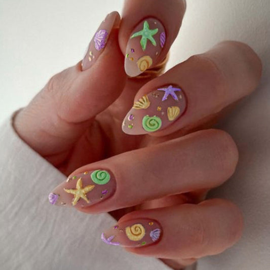 Beach Paradise Short Almond Beige Press-On Nail Set with Colorful Seashell and Starfish Design