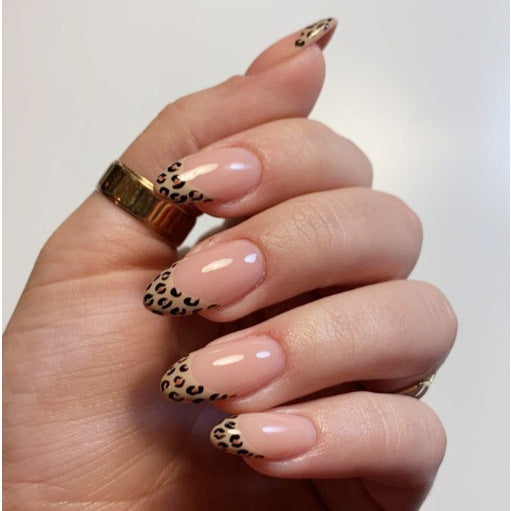 Wild Safari Inspired Long Almond Shaped Beige and Leopard Print Press On Nail Set with Glossy Finish