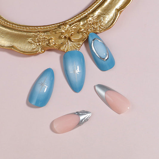 Celestial Dream Blue Medium Almond Shaped Press On Nail Set with Silver Accents