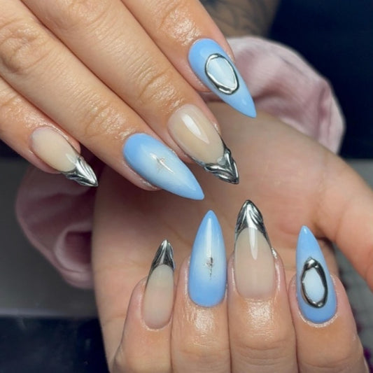 Celestial Dream Long Almond Blue with Silver Metallic Accents Press On Nail Set
