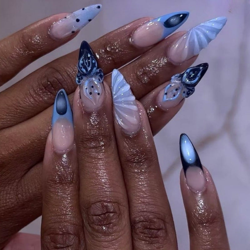 Azure Dream Fantasy Long Almond Blue Nail Set with Unique Butterfly Art