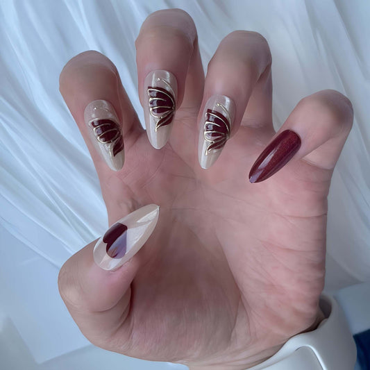 Enchanting Elegance Long Almond Beige and Burgundy Marble with Gold Accent Press On Nail Set