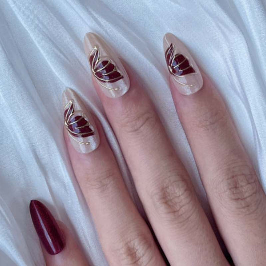 Glamorous Elegance Long Almond Transparent with Burgundy Swirls and Gold Accents Press-On Nail Set