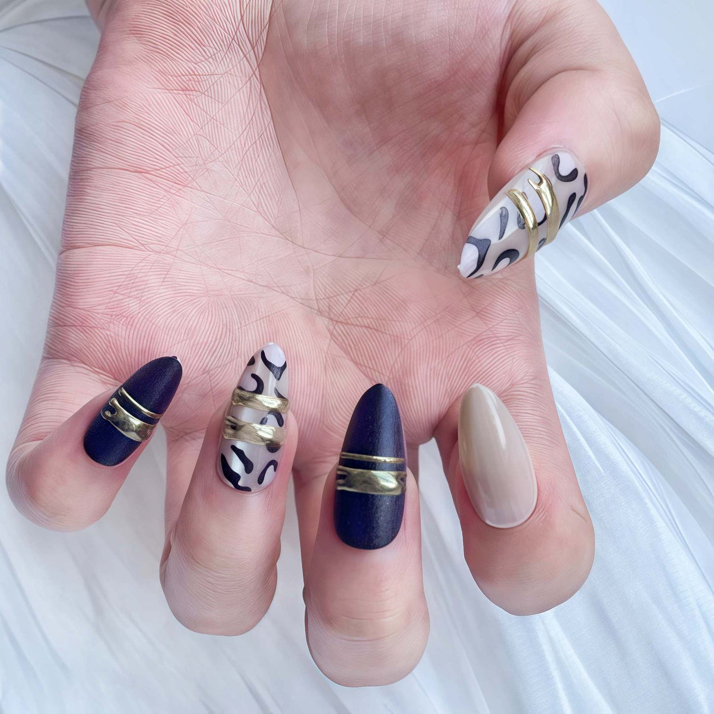 Chic Leopard Vibes Long Elegant Almond Shape Dark Purple Cream and Unique Gold Band Accent Press On Nail Set