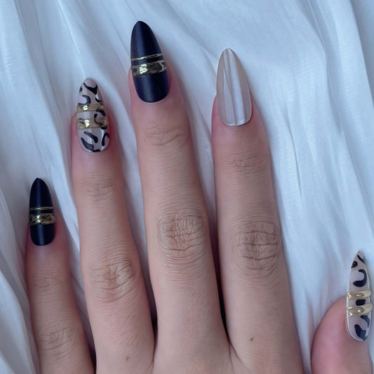 Wild Luxurious Majesty Long Almond Black and Beige Press-On Nail Set with Chic Gold Accents