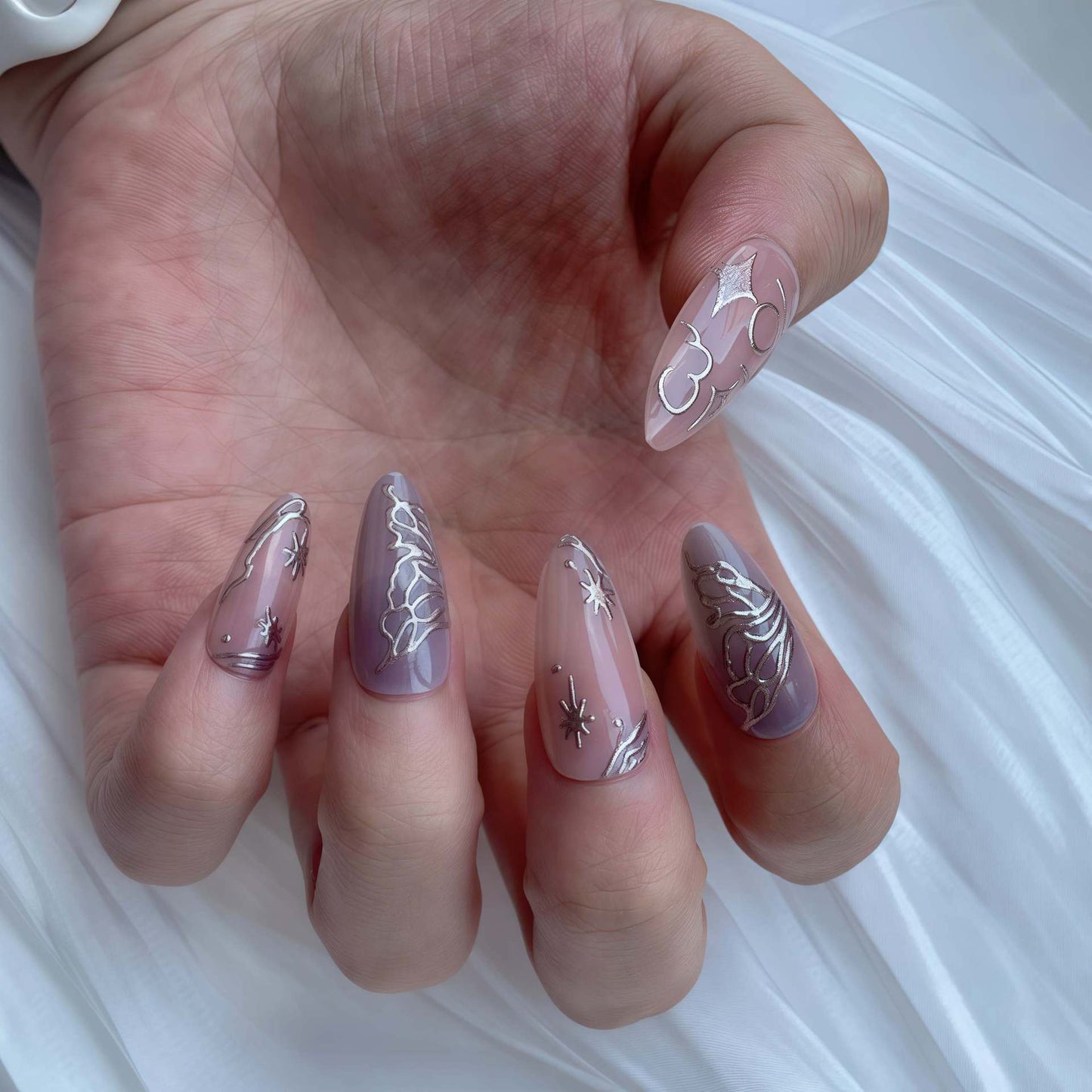 Celestial Dreams Long Almond Ombre Purple Press On Nail Set with Intricate Silver Designs
