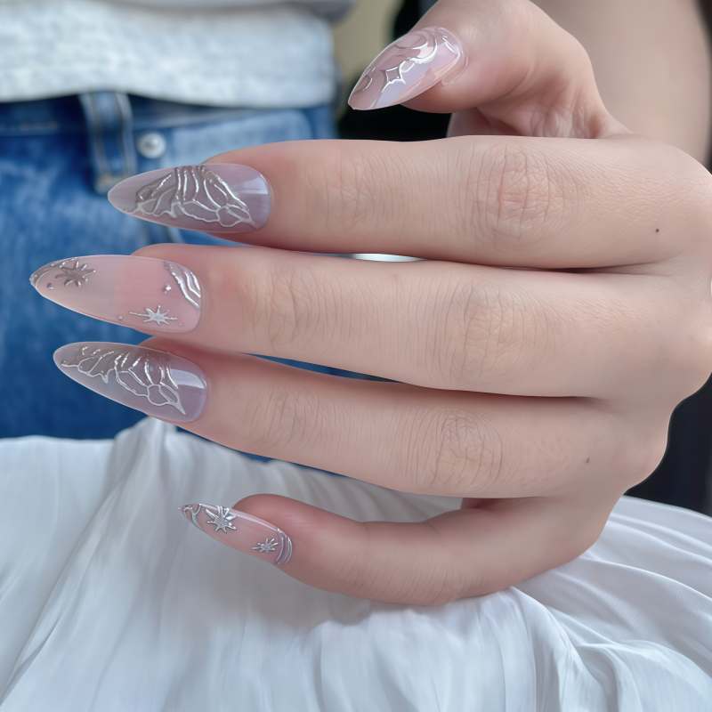 Enchanted Elegance Long Almond Translucent Lavender Press-On Nail Set with Floral Design