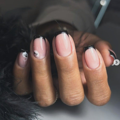 Spooky Elegance Short Square Black and Pink Glossy Press On Nail Set with Fun Ghost Accents
