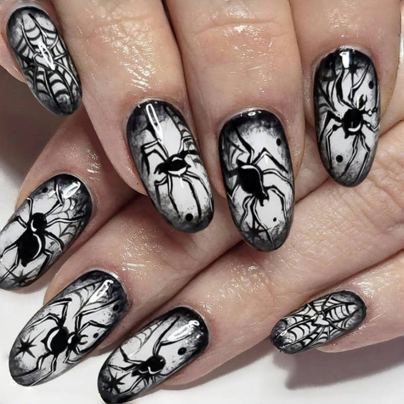 Spooky Elegance Medium Oval Black and White Spider Web Design Press On Nail Set