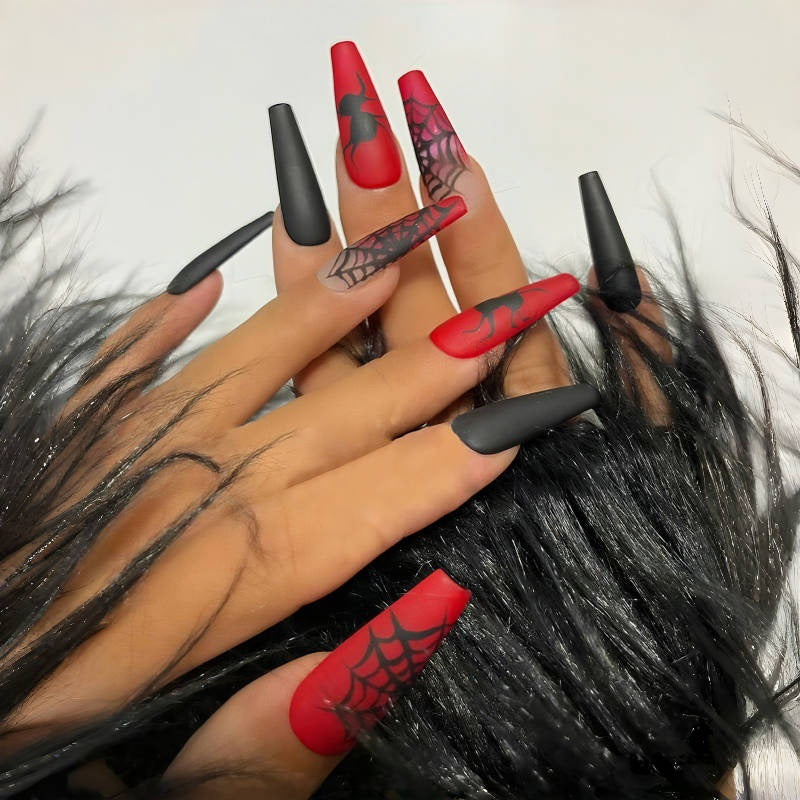 Spooky Charm Long Coffin Shaped Matte Black and Red Press On Nail Set with Spiderweb Design
