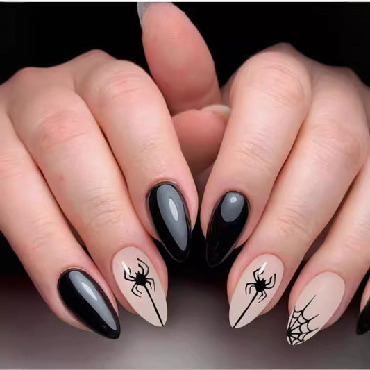 Spooky Elegance Long Stiletto Black and Beige Press On Nail Set with Spider and Web Designs